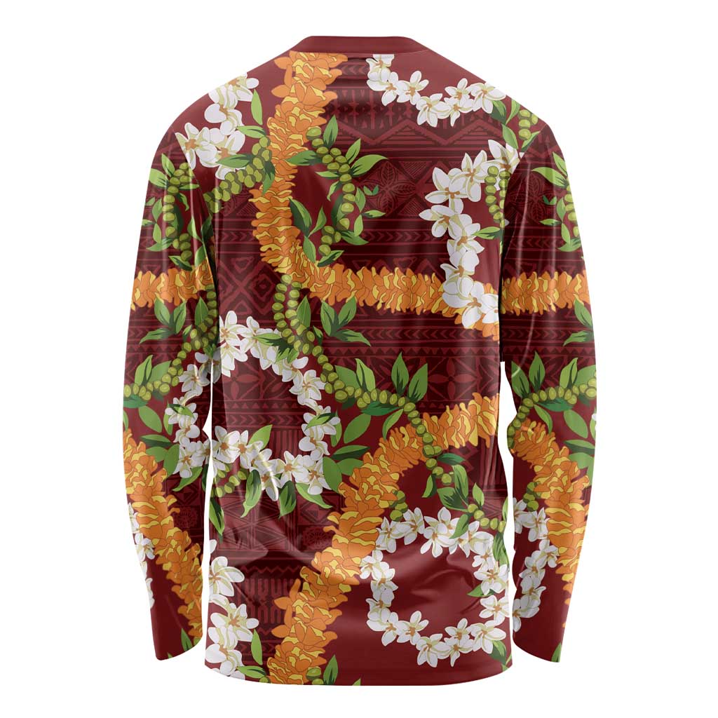 Aloha Festive Hawaii Long Sleeve Shirt Mokihana - Maile and Ilima on Crimson LT7 - Polynesian Pride