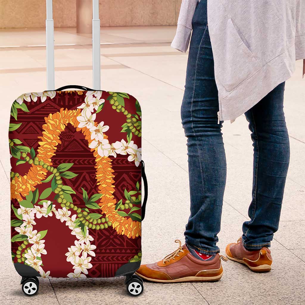 Aloha Festive Hawaii Luggage Cover Mokihana - Maile and Ilima on Crimson - Polynesian Pride