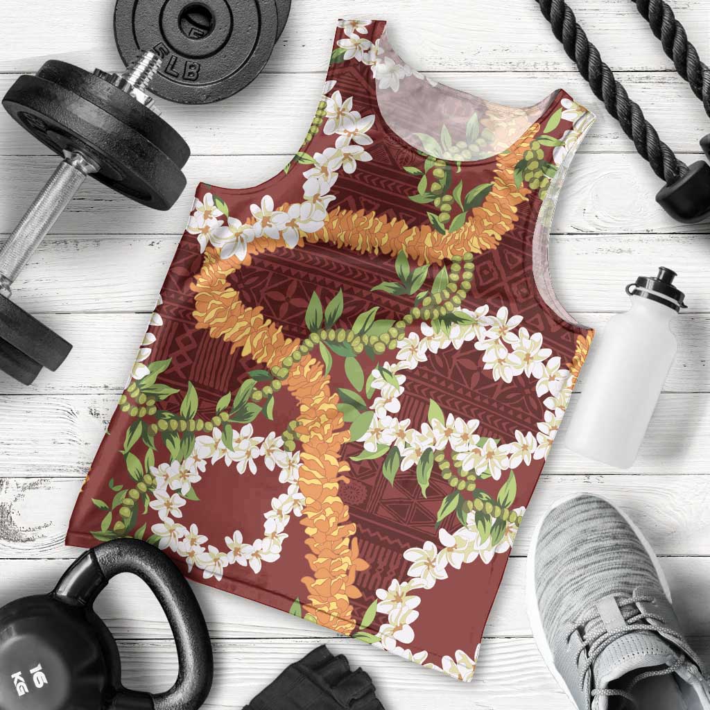 Aloha Festive Hawaii Men Tank Top Mokihana - Maile and Ilima on Crimson - Polynesian Pride