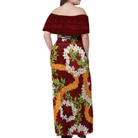 Aloha Festive Hawaii Off Shoulder Maxi Dress Mokihana - Maile and Ilima on Crimson LT7 - Polynesian Pride