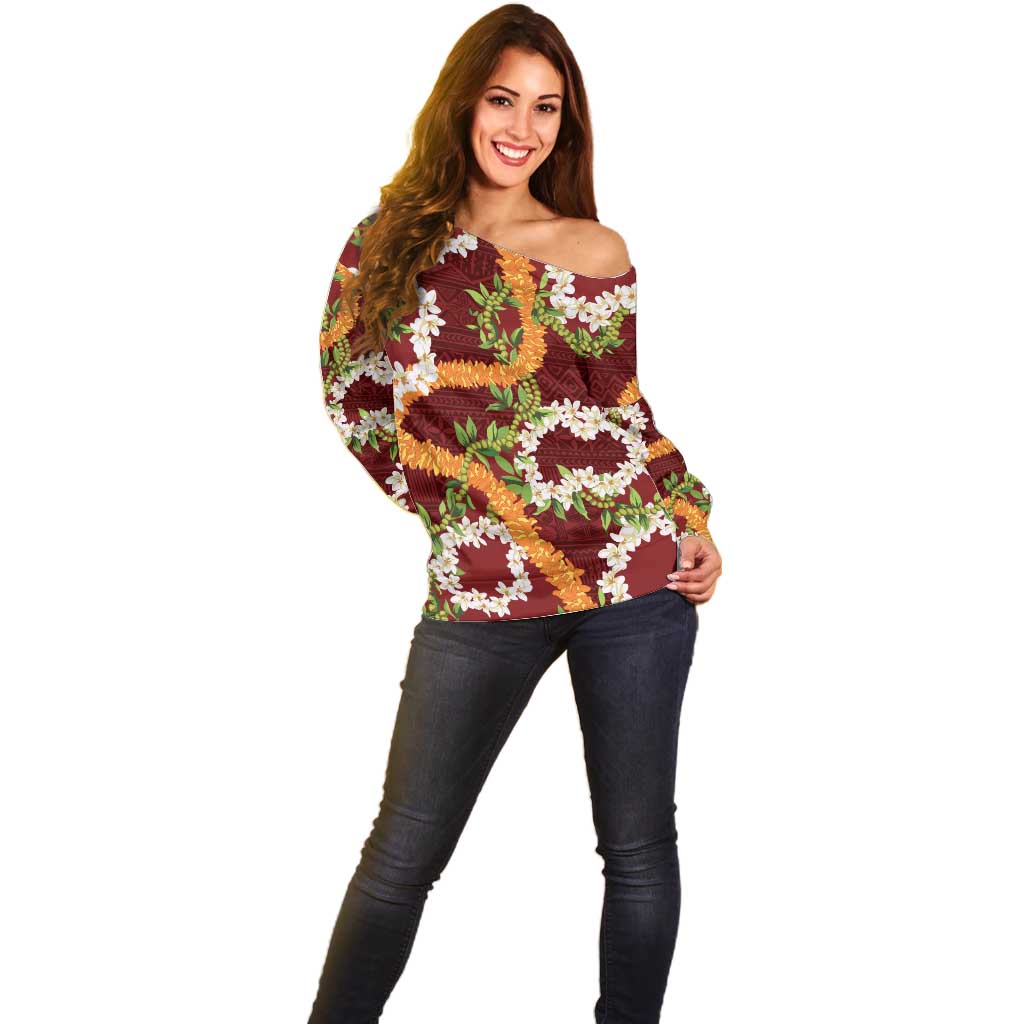 Aloha Festive Hawaii Off Shoulder Sweater Mokihana - Maile and Ilima on Crimson - Polynesian Pride