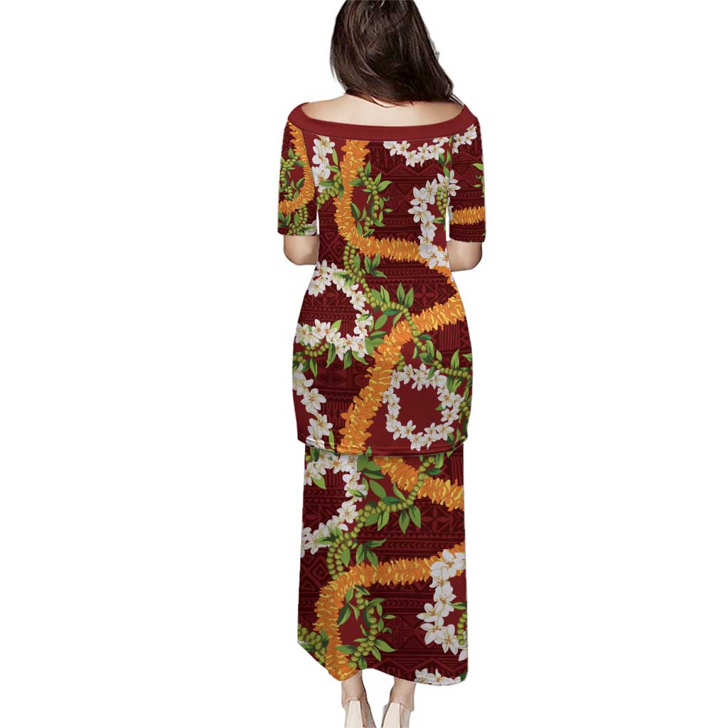 Aloha Festive Hawaii Puletasi Mokihana - Maile and Ilima on Crimson - Polynesian Pride