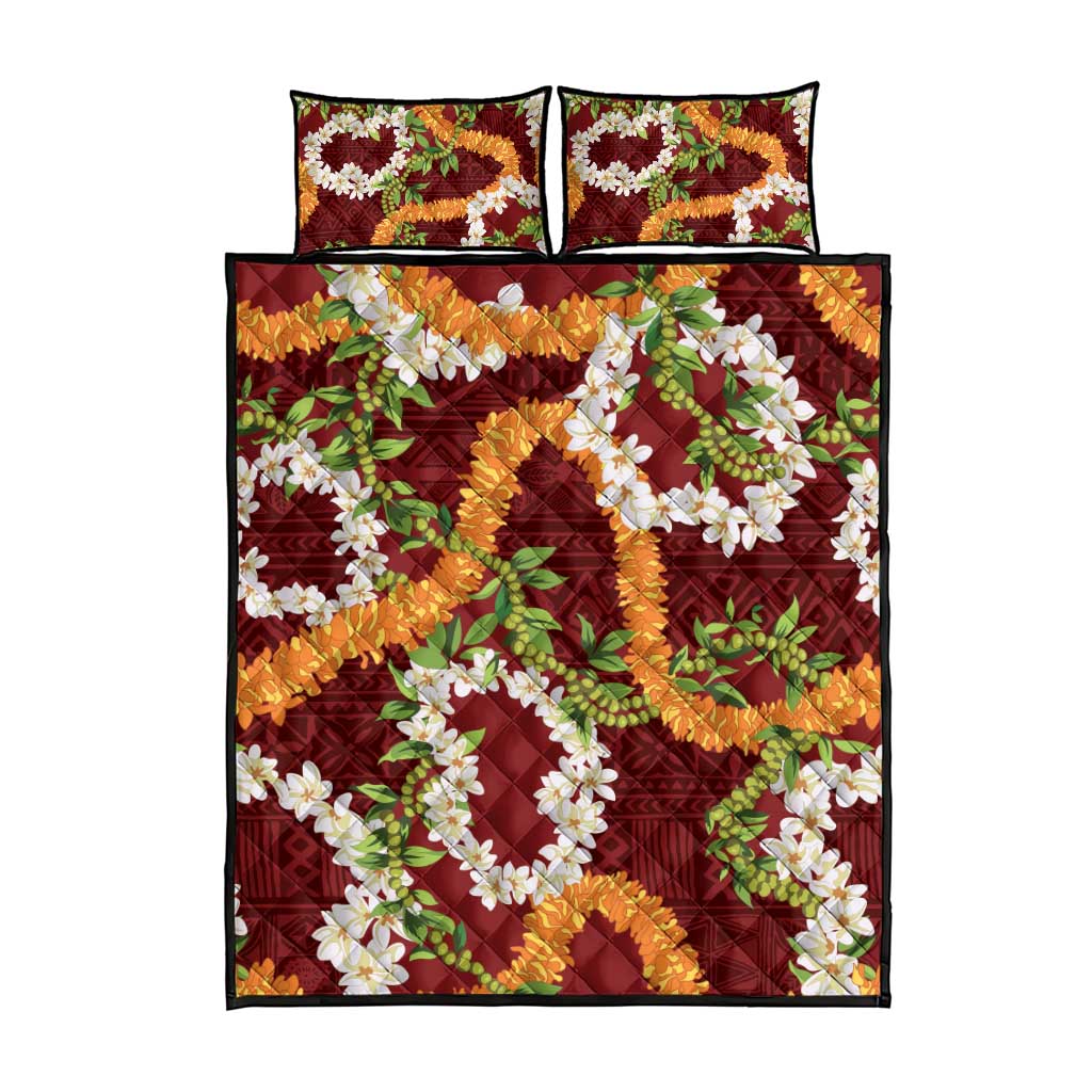 Aloha Festive Hawaii Quilt Bed Set Mokihana - Maile and Ilima on Crimson LT7 - Polynesian Pride