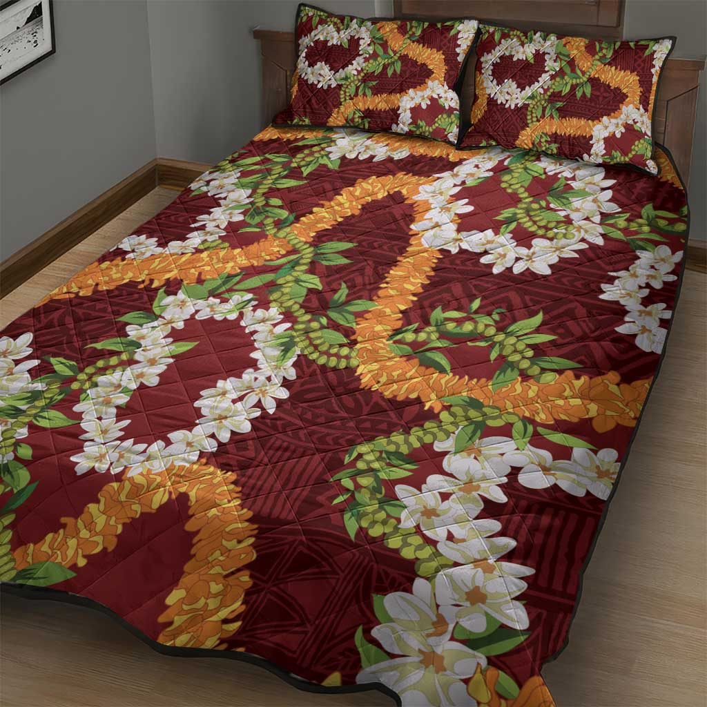Aloha Festive Hawaii Quilt Bed Set Mokihana - Maile and Ilima on Crimson LT7 - Polynesian Pride