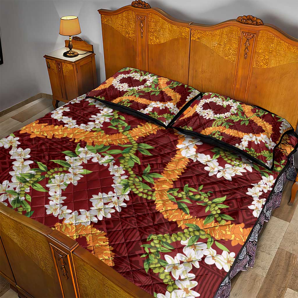Aloha Festive Hawaii Quilt Bed Set Mokihana - Maile and Ilima on Crimson LT7 - Polynesian Pride