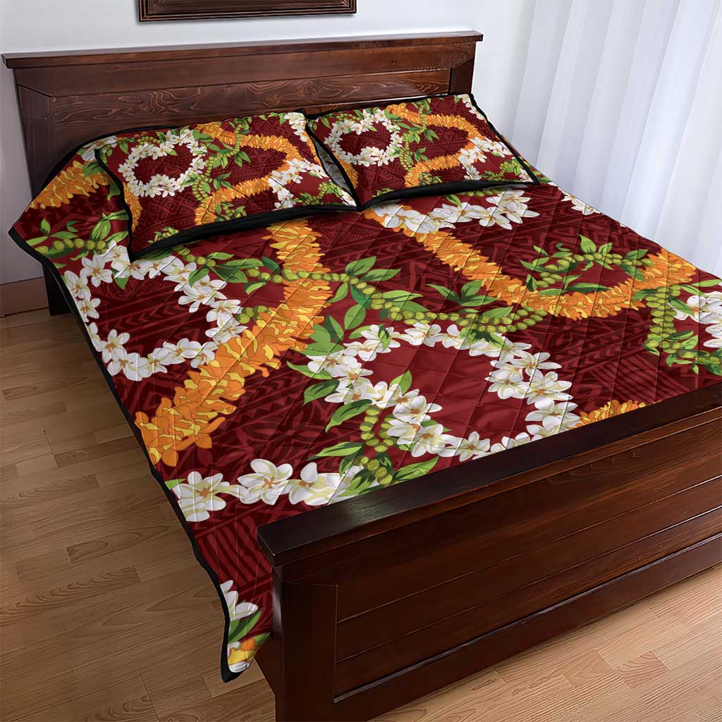 Aloha Festive Hawaii Quilt Bed Set Mokihana - Maile and Ilima on Crimson LT7 - Polynesian Pride