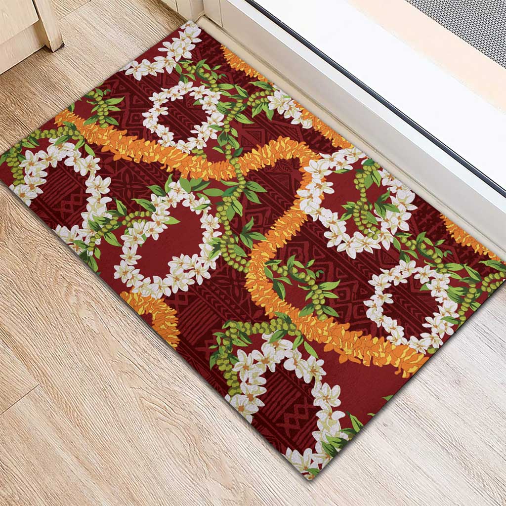 Aloha Festive Hawaii Rubber Doormat Mokihana - Maile and Ilima on Crimson LT7 - Polynesian Pride
