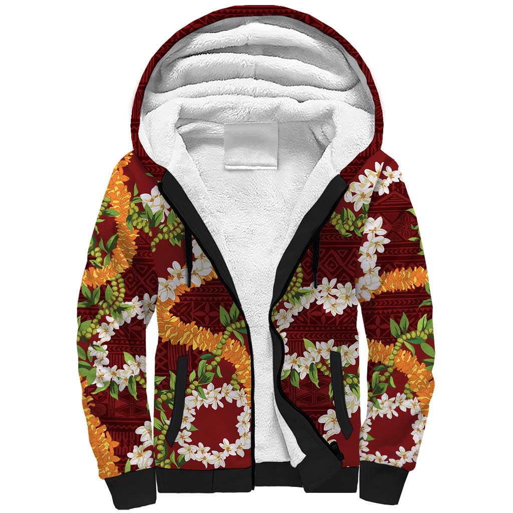 Aloha Festive Hawaii Sherpa Hoodie Mokihana - Maile and Ilima on Crimson - Polynesian Pride