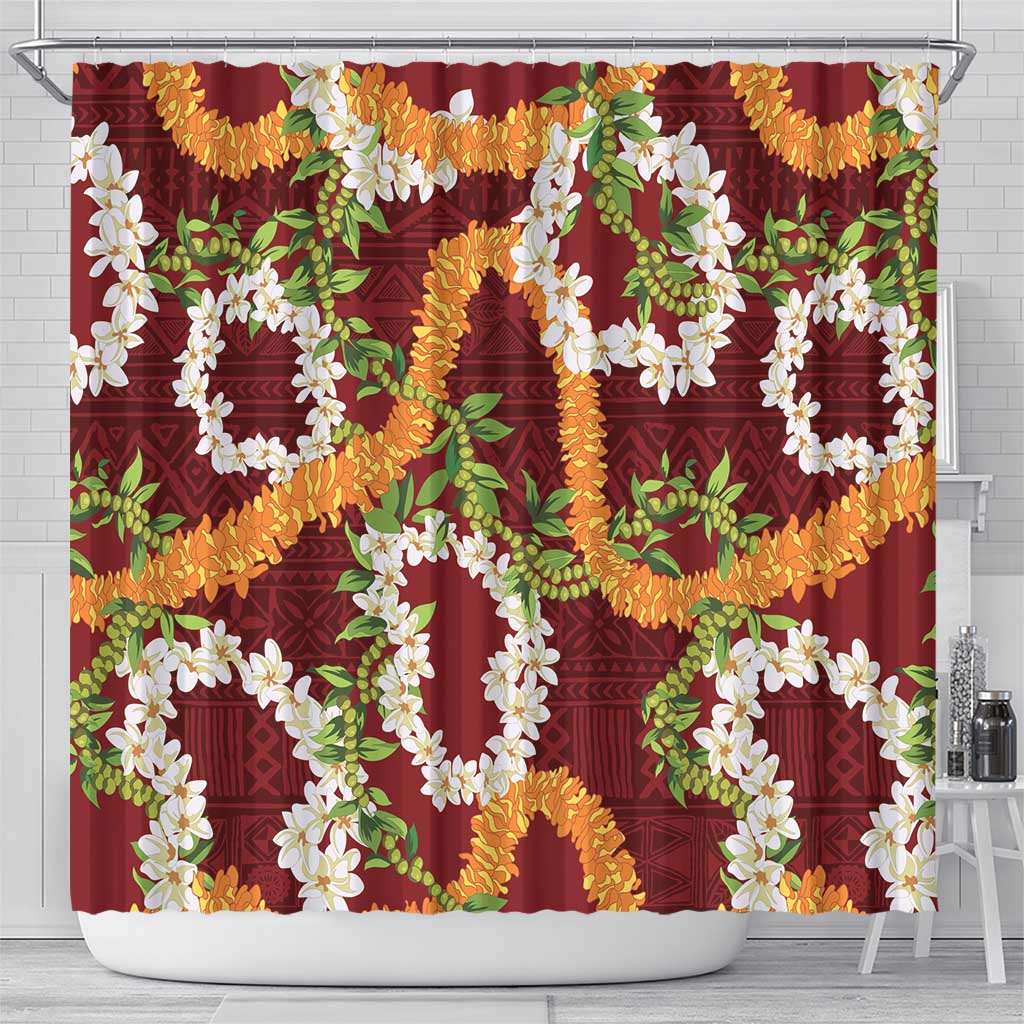 Aloha Festive Hawaii Shower Curtain Mokihana - Maile and Ilima on Crimson - Polynesian Pride