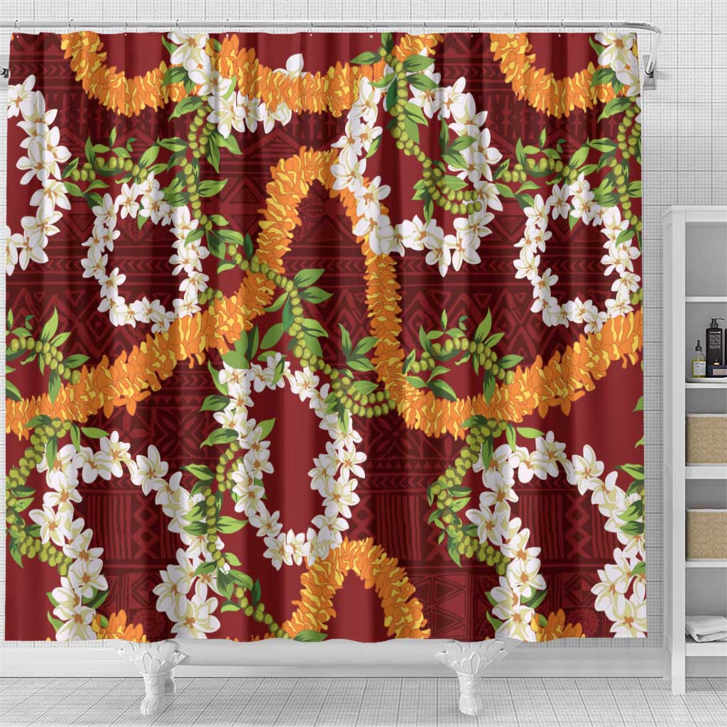 Aloha Festive Hawaii Shower Curtain Mokihana - Maile and Ilima on Crimson - Polynesian Pride