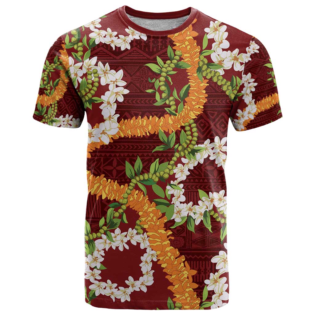 Aloha Festive Hawaii T Shirt Mokihana - Maile and Ilima on Crimson - Polynesian Pride