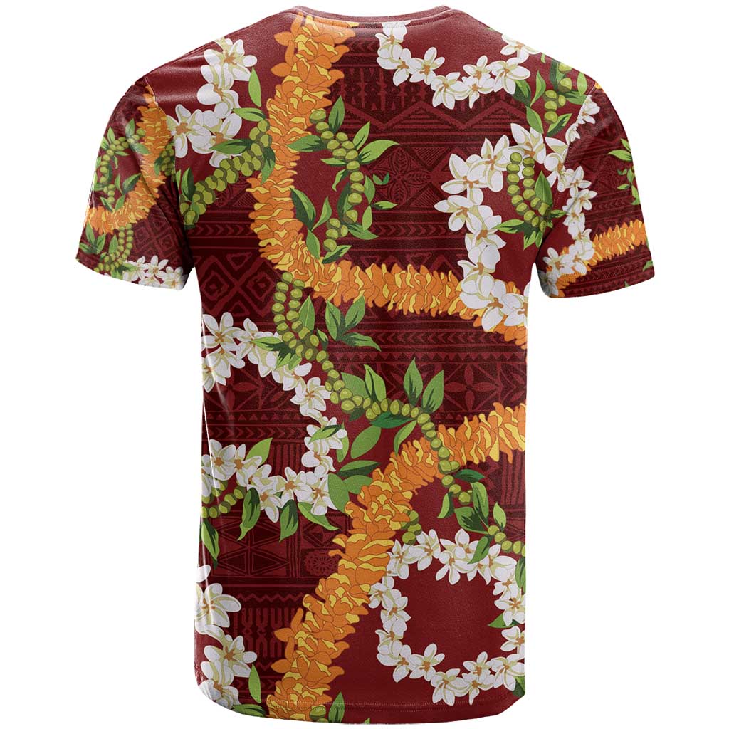 Aloha Festive Hawaii T Shirt Mokihana - Maile and Ilima on Crimson - Polynesian Pride
