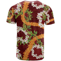 Aloha Festive Hawaii T Shirt Mokihana - Maile and Ilima on Crimson - Polynesian Pride