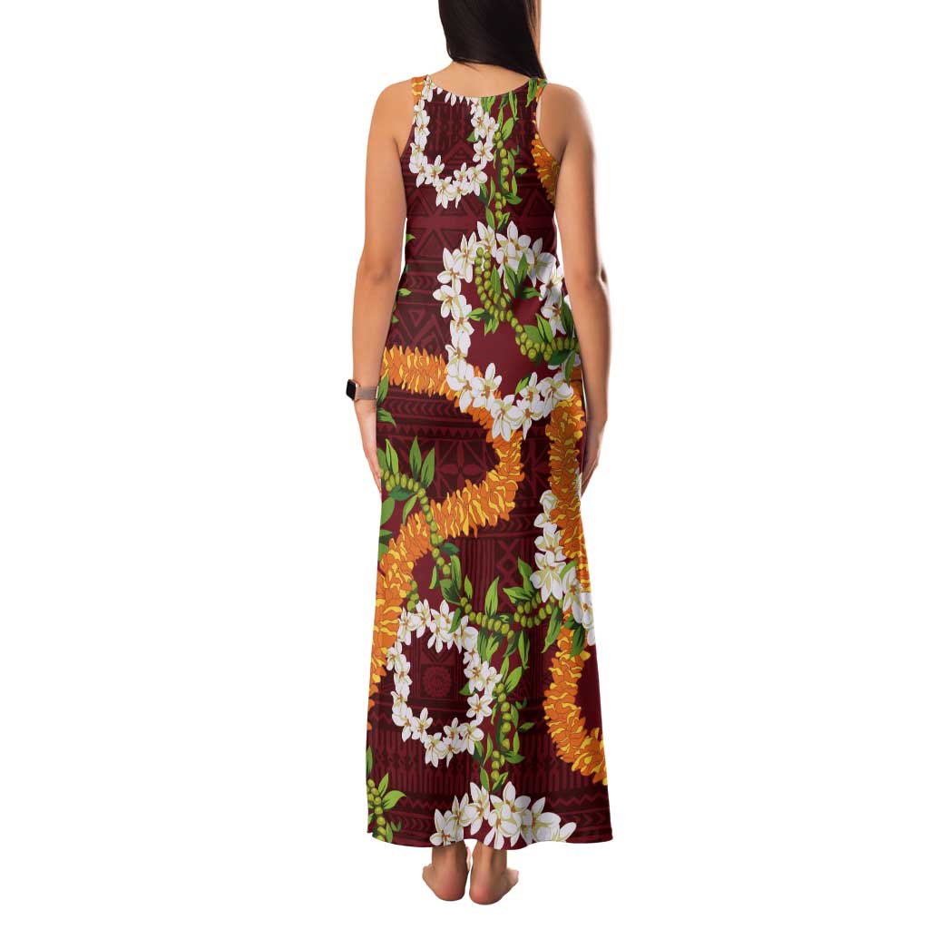 Aloha Festive Hawaii Tank Maxi Dress Mokihana - Maile and Ilima on Crimson - Polynesian Pride