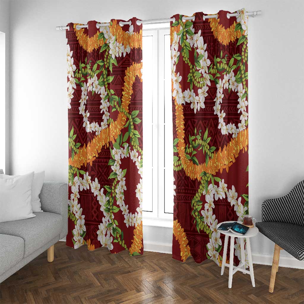 Aloha Festive Hawaii Window Curtain Mokihana - Maile and Ilima on Crimson - Polynesian Pride