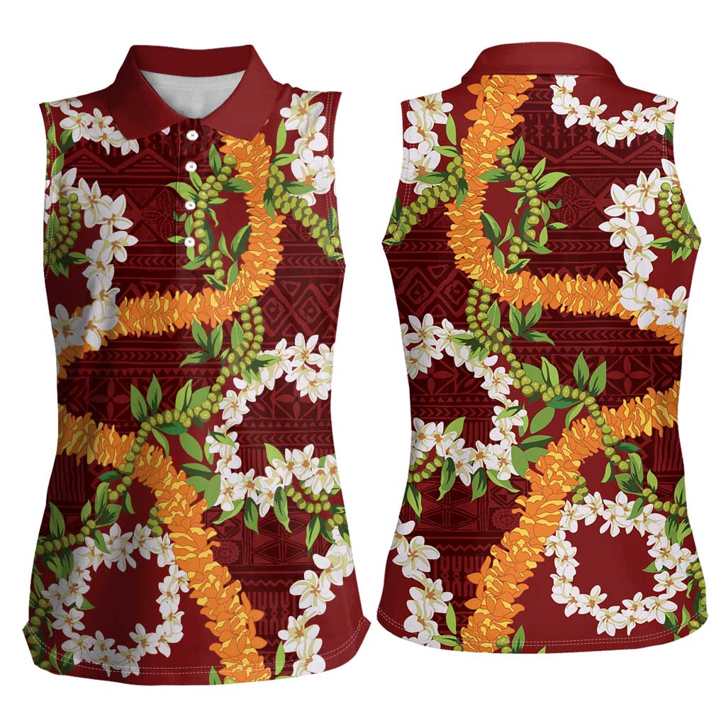 Aloha Festive Hawaii Women Sleeveless Polo Shirt Mokihana - Maile and Ilima on Crimson - Polynesian Pride