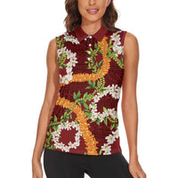 Aloha Festive Hawaii Women Sleeveless Polo Shirt Mokihana - Maile and Ilima on Crimson - Polynesian Pride