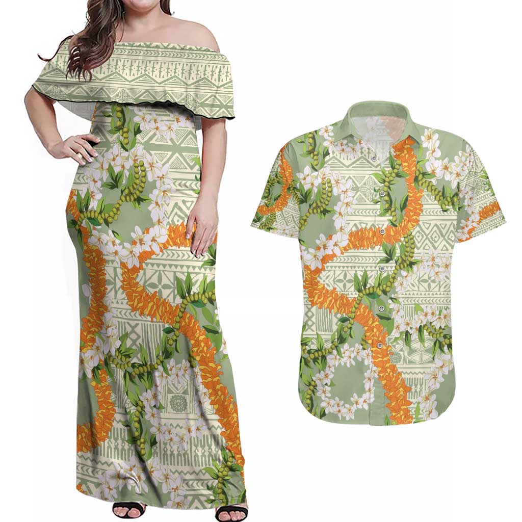 Aloha Festive Hawaii Couples Matching Off Shoulder Maxi Dress and Hawaiian Shirt Mokihana - Maile Leis in Muted Summer - Polynesian Pride