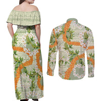 Aloha Festive Hawaii Couples Matching Off Shoulder Maxi Dress and Long Sleeve Button Shirt Mokihana - Maile Leis in Muted Summer - Polynesian Pride