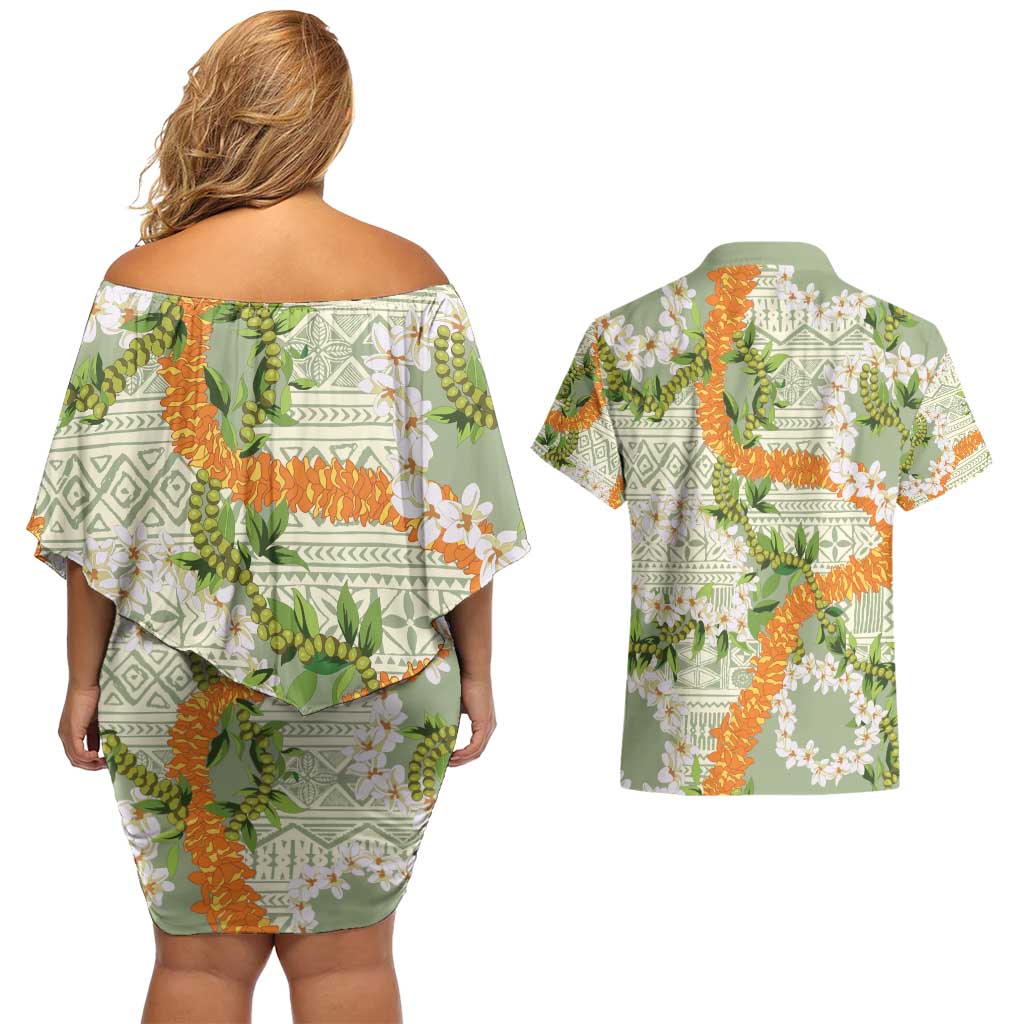 Aloha Festive Hawaii Couples Matching Off Shoulder Short Dress and Hawaiian Shirt Mokihana - Maile Leis in Muted Summer - Polynesian Pride