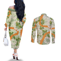 Aloha Festive Hawaii Couples Matching Off The Shoulder Long Sleeve Dress and Long Sleeve Button Shirt Mokihana - Maile Leis in Muted Summer - Polynesian Pride