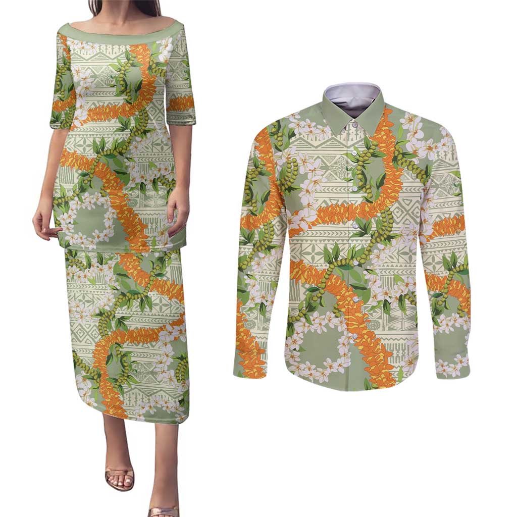 Aloha Festive Hawaii Couples Matching Puletasi and Long Sleeve Button Shirt Mokihana - Maile Leis in Muted Summer - Polynesian Pride