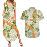 Aloha Festive Hawaii Couples Matching Summer Maxi Dress and Hawaiian Shirt Mokihana - Maile Leis in Muted Summer - Polynesian Pride