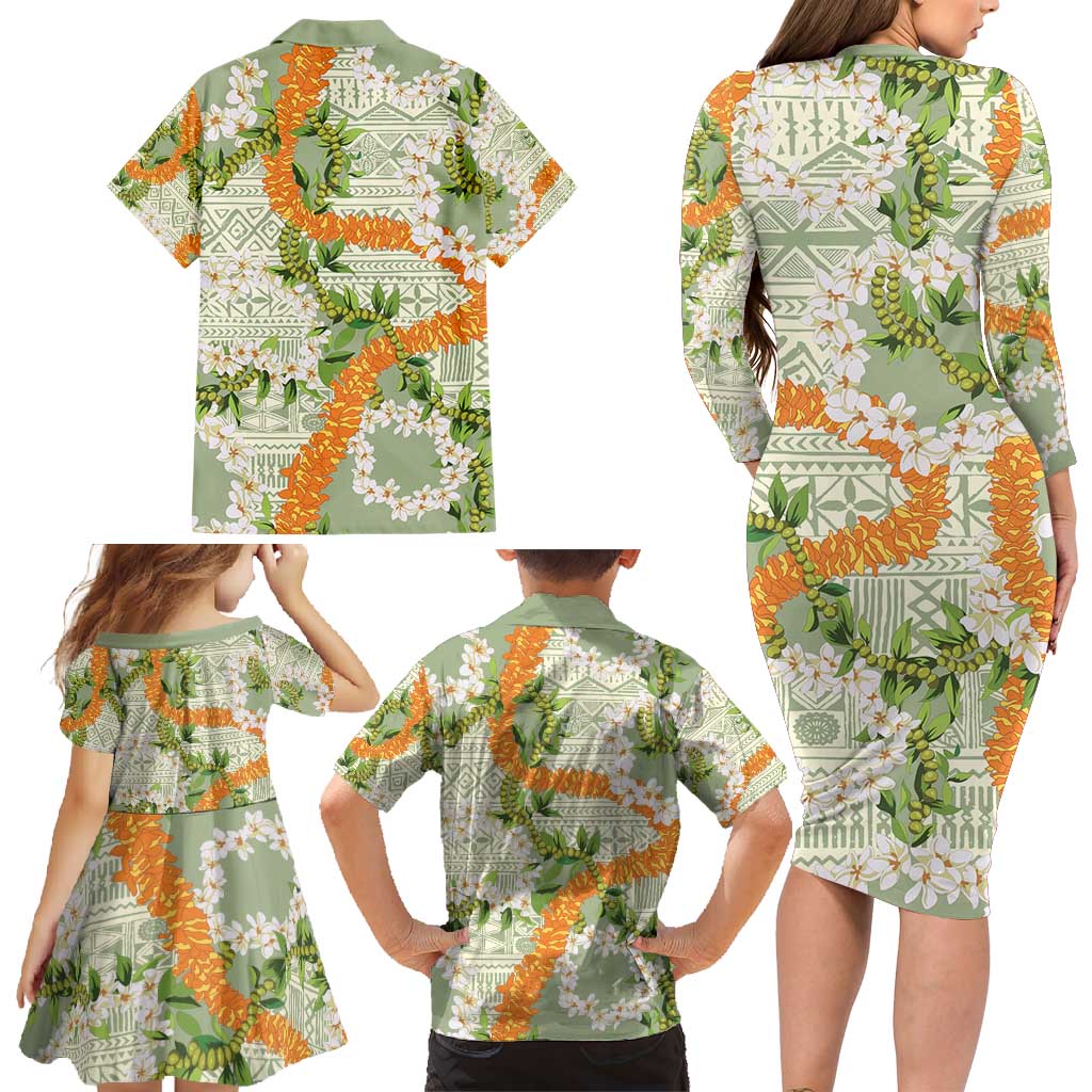 Aloha Festive Hawaii Family Matching Long Sleeve Bodycon Dress and Hawaiian Shirt Mokihana - Maile Leis in Muted Summer - Polynesian Pride