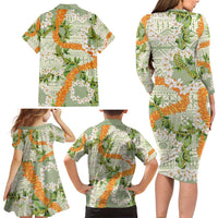 Aloha Festive Hawaii Family Matching Long Sleeve Bodycon Dress and Hawaiian Shirt Mokihana - Maile Leis in Muted Summer - Polynesian Pride