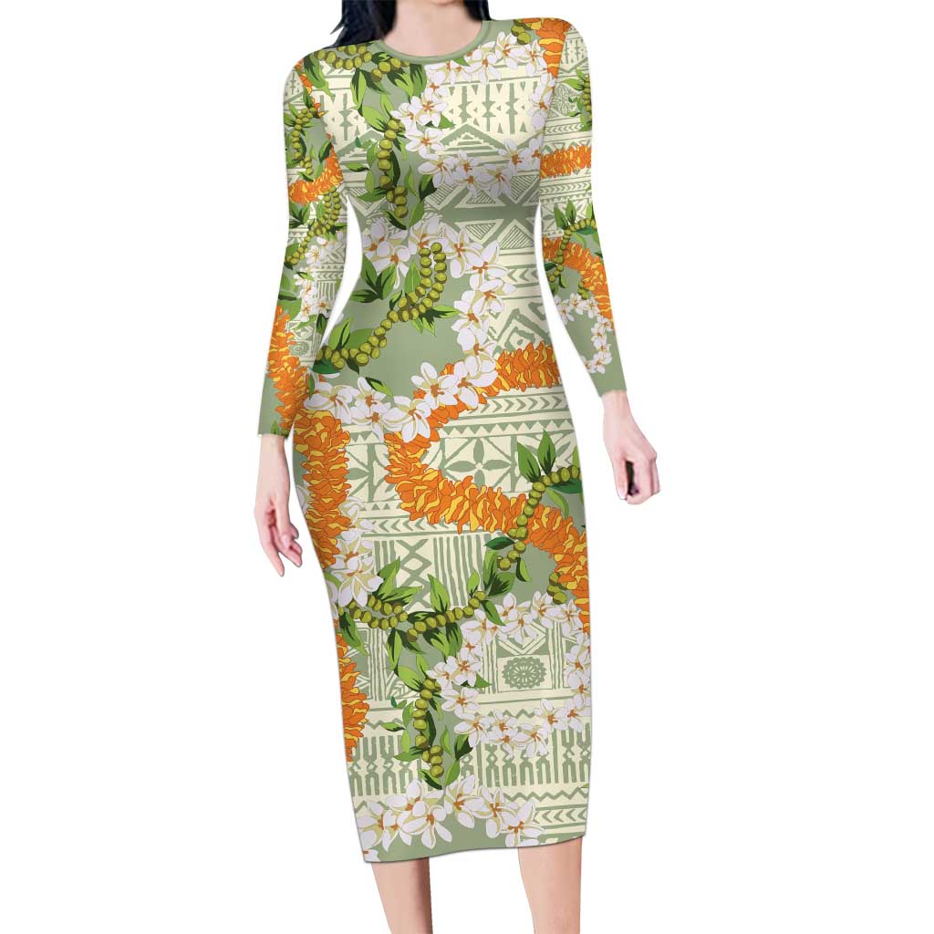 Aloha Festive Hawaii Family Matching Long Sleeve Bodycon Dress and Hawaiian Shirt Mokihana - Maile Leis in Muted Summer - Polynesian Pride