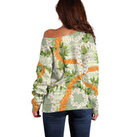 Aloha Festive Hawaii Off Shoulder Sweater Mokihana - Maile Leis in Muted Summer - Polynesian Pride