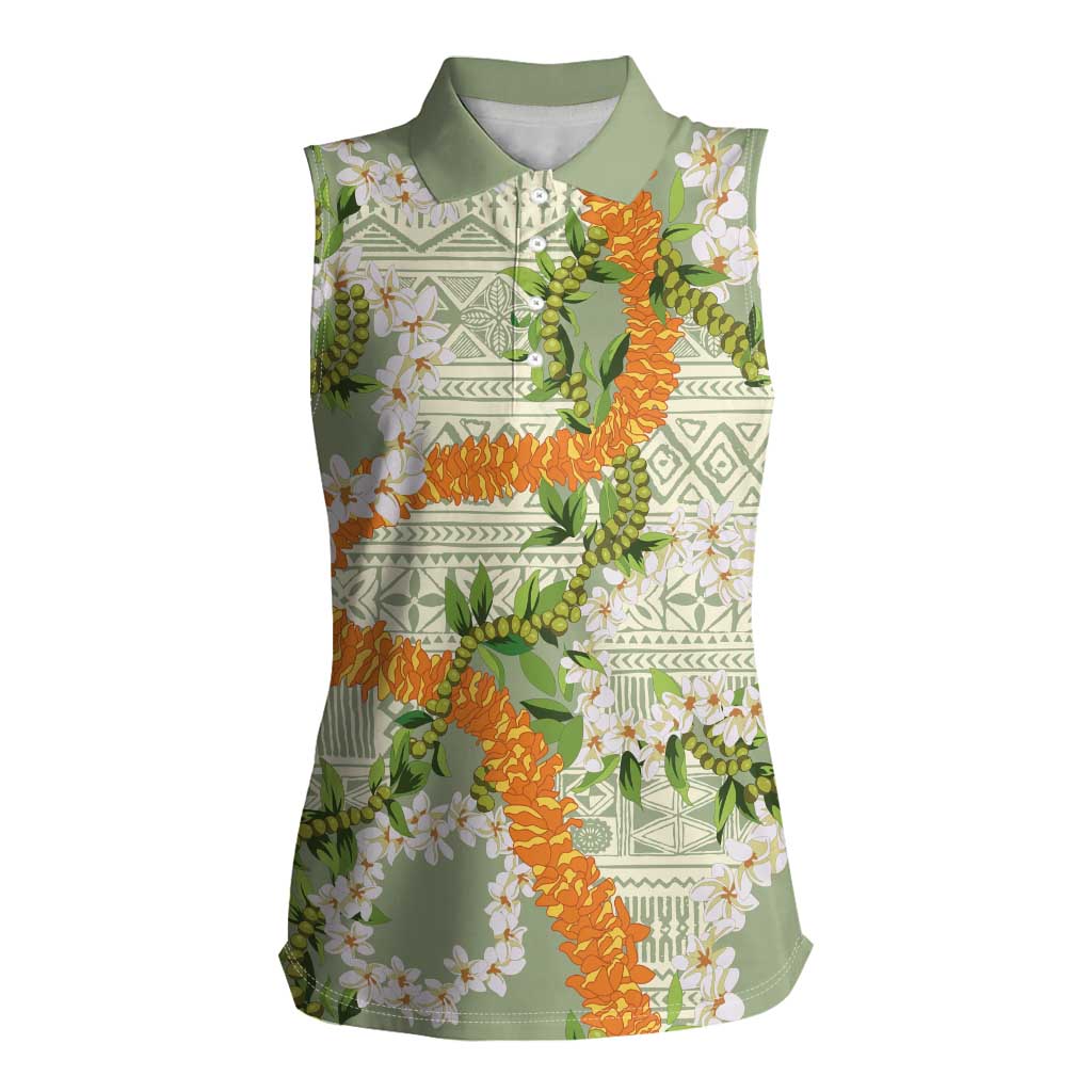 Aloha Festive Hawaii Women Sleeveless Polo Shirt Mokihana - Maile Leis in Muted Summer - Polynesian Pride