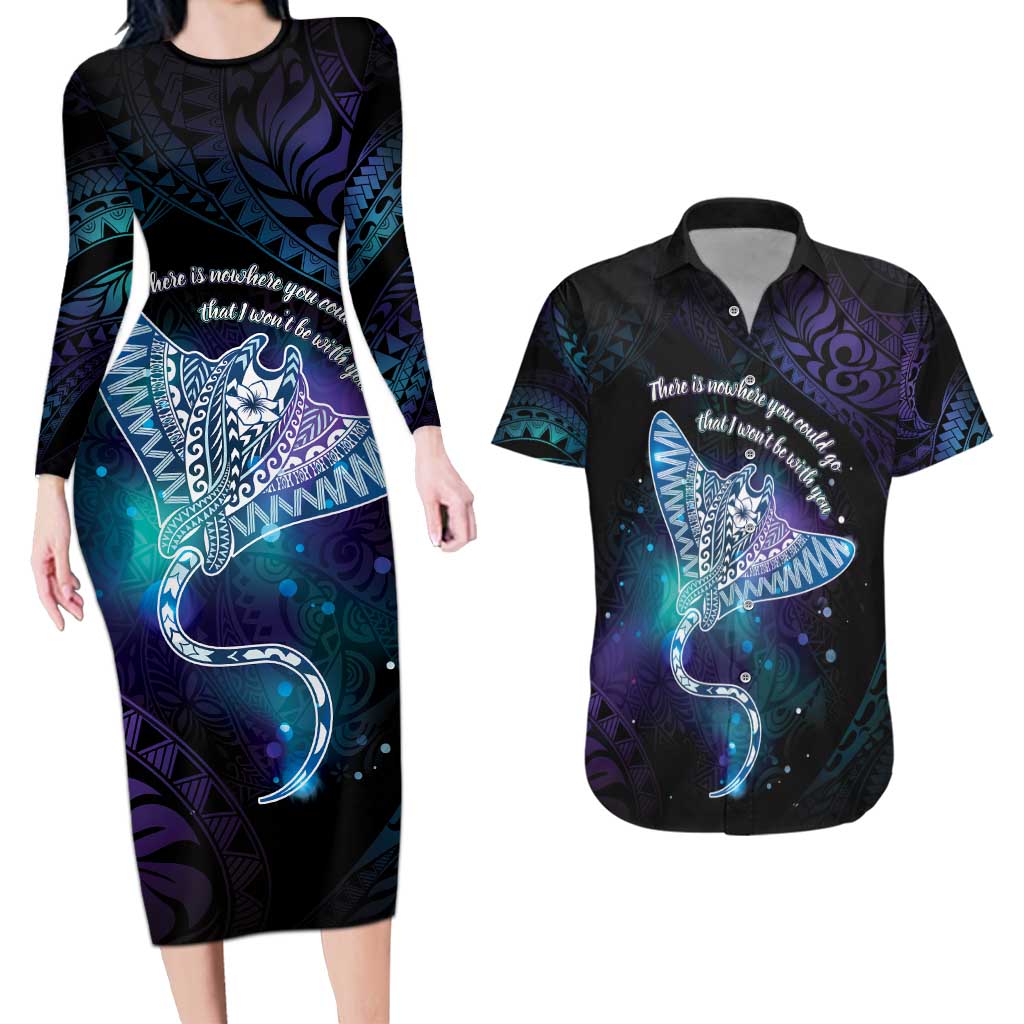 Polynesian Tala Manta Ray Couples Matching Long Sleeve Bodycon Dress and Hawaiian Shirt Nowhere You Could Go That I Won't Be With You - Polynesian Pride