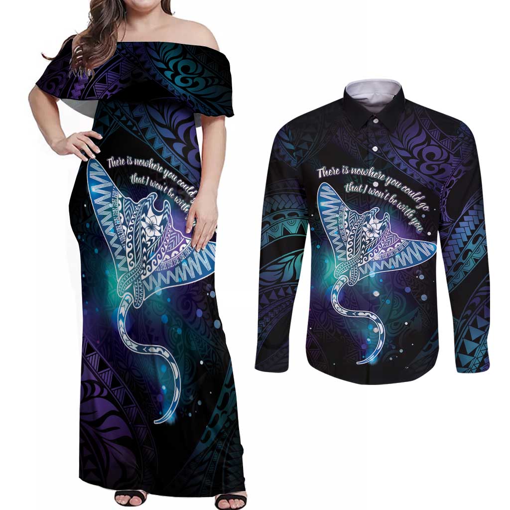 Polynesian Tala Manta Ray Couples Matching Off Shoulder Maxi Dress and Long Sleeve Button Shirt Nowhere You Could Go That I Won't Be With You - Polynesian Pride