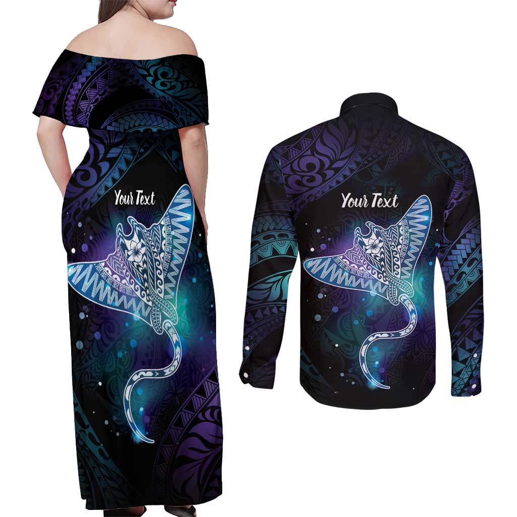 Polynesian Tala Manta Ray Couples Matching Off Shoulder Maxi Dress and Long Sleeve Button Shirt Nowhere You Could Go That I Won't Be With You - Polynesian Pride