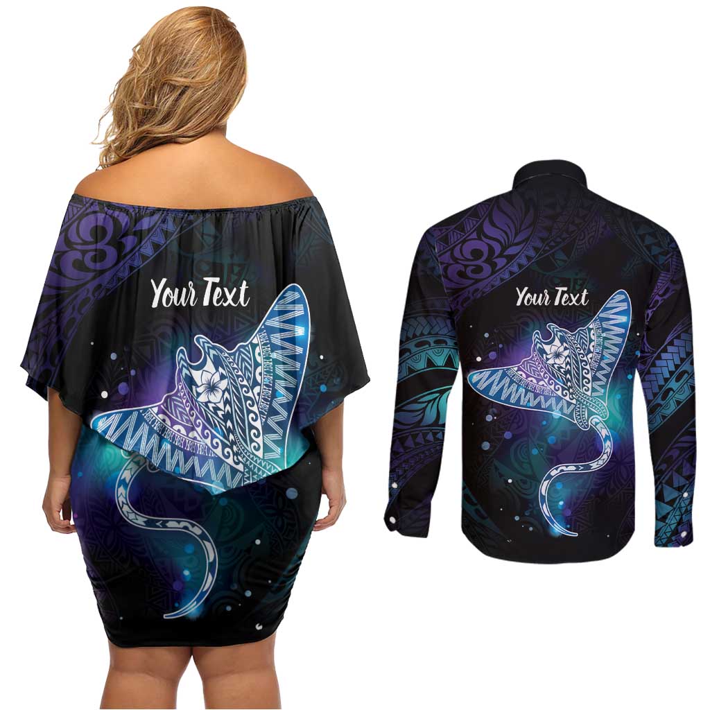 Polynesian Tala Manta Ray Couples Matching Off Shoulder Short Dress and Long Sleeve Button Shirt Nowhere You Could Go That I Won't Be With You - Polynesian Pride