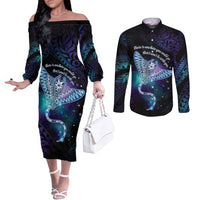 Polynesian Tala Manta Ray Couples Matching Off The Shoulder Long Sleeve Dress and Long Sleeve Button Shirt Nowhere You Could Go That I Won't Be With You - Polynesian Pride