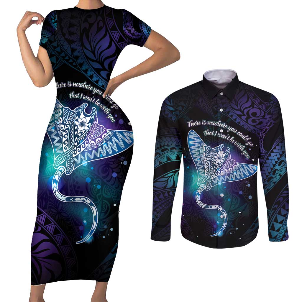 Polynesian Tala Manta Ray Couples Matching Short Sleeve Bodycon Dress and Long Sleeve Button Shirt Nowhere You Could Go That I Won't Be With You - Polynesian Pride