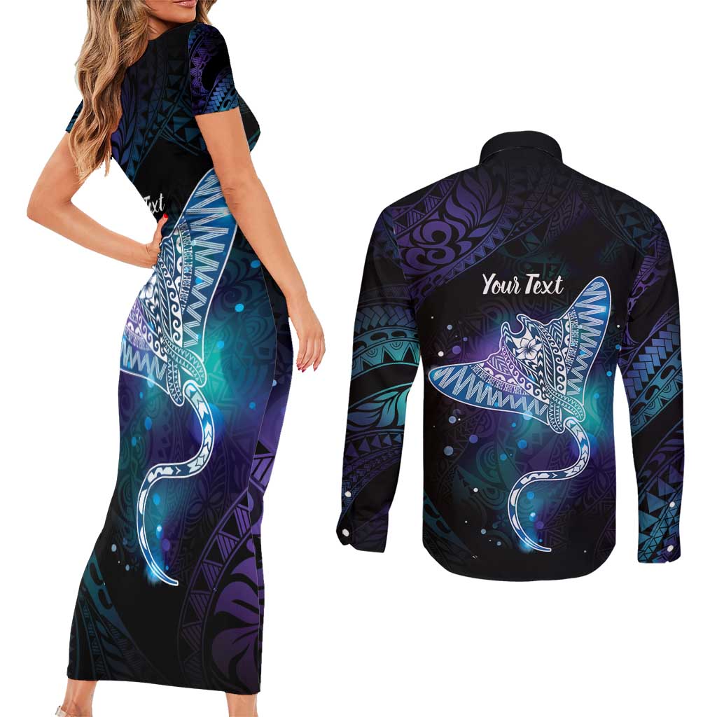 Polynesian Tala Manta Ray Couples Matching Short Sleeve Bodycon Dress and Long Sleeve Button Shirt Nowhere You Could Go That I Won't Be With You - Polynesian Pride