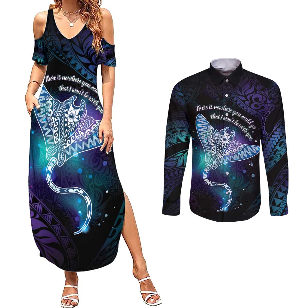 Polynesian Tala Manta Ray Couples Matching Summer Maxi Dress and Long Sleeve Button Shirt Nowhere You Could Go That I Won't Be With You - Polynesian Pride