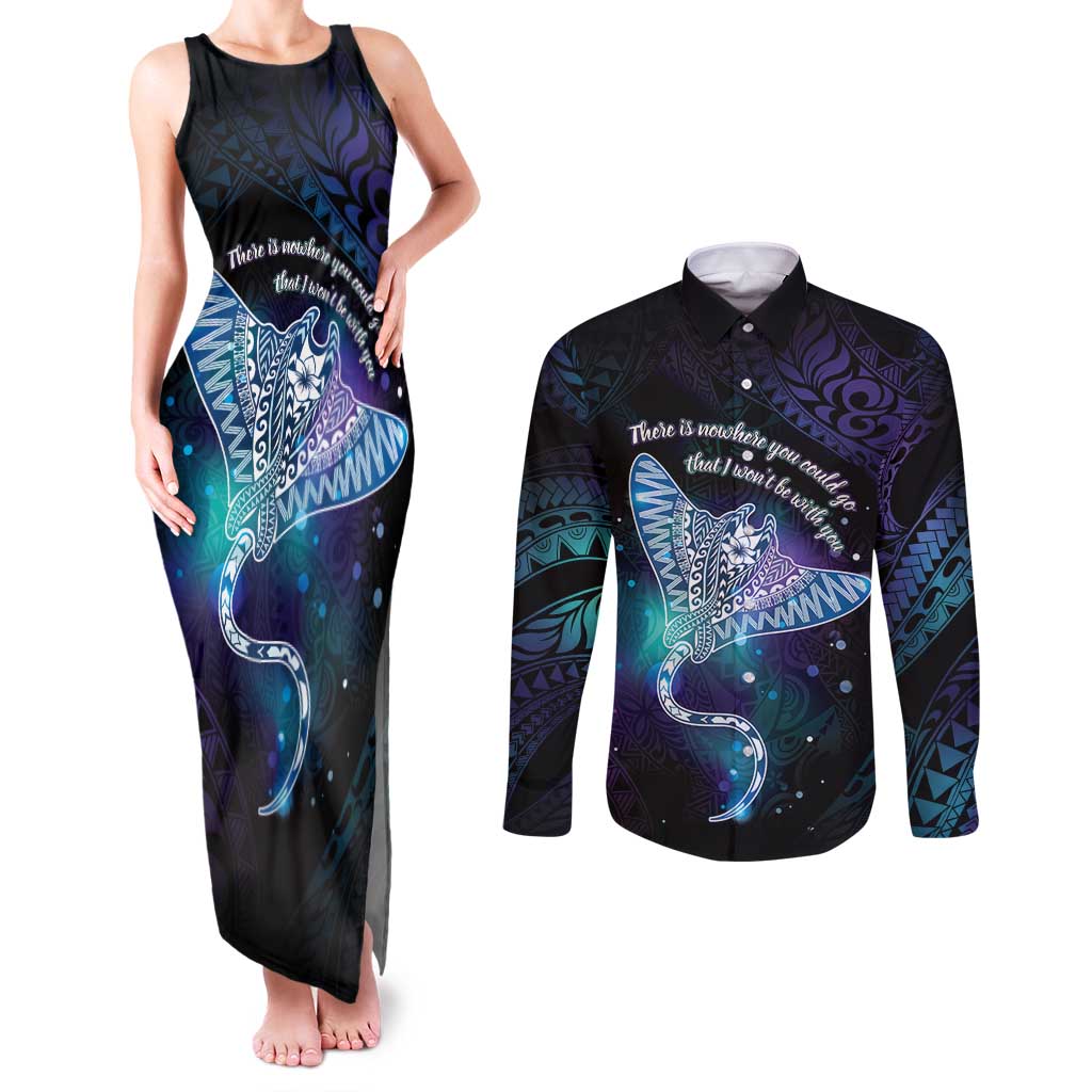 Polynesian Tala Manta Ray Couples Matching Tank Maxi Dress and Long Sleeve Button Shirt Nowhere You Could Go That I Won't Be With You - Polynesian Pride