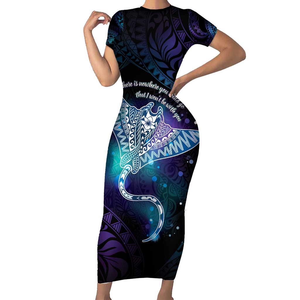 Polynesian Tala Manta Ray Short Sleeve Bodycon Dress Nowhere You Could Go That I Won't Be With You - Polynesian Pride