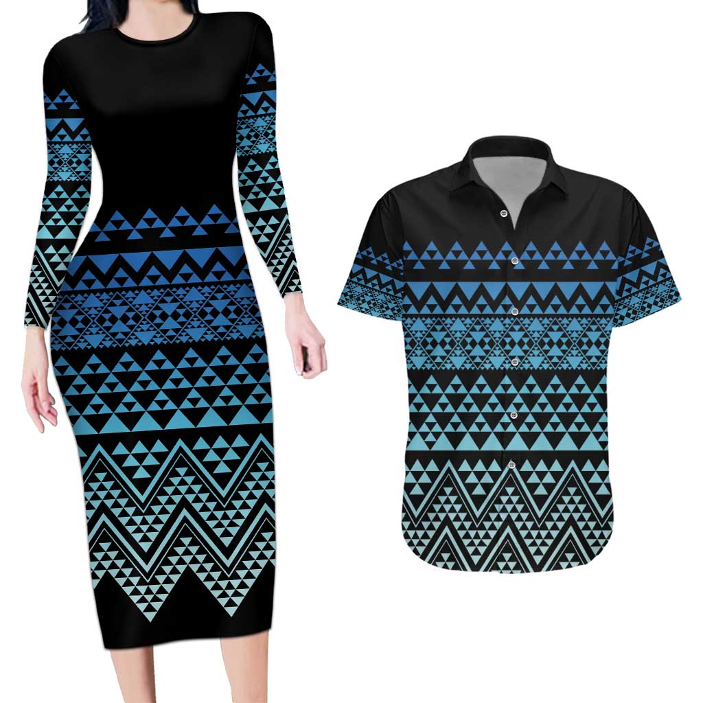 Maori Niho Taniwha Te Wheiao Couples Matching Long Sleeve Bodycon Dress and Hawaiian Shirt Moana Blue - Polynesian Pride