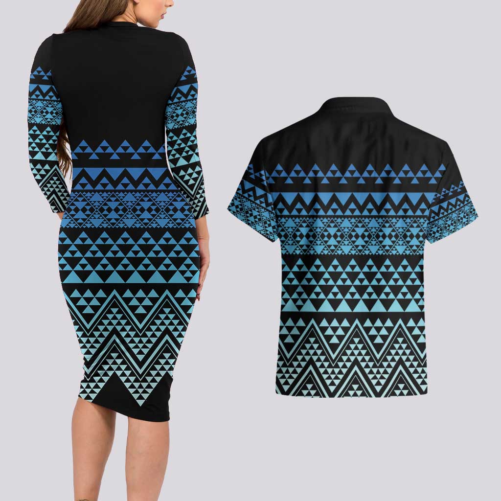 Maori Niho Taniwha Te Wheiao Couples Matching Long Sleeve Bodycon Dress and Hawaiian Shirt Moana Blue - Polynesian Pride