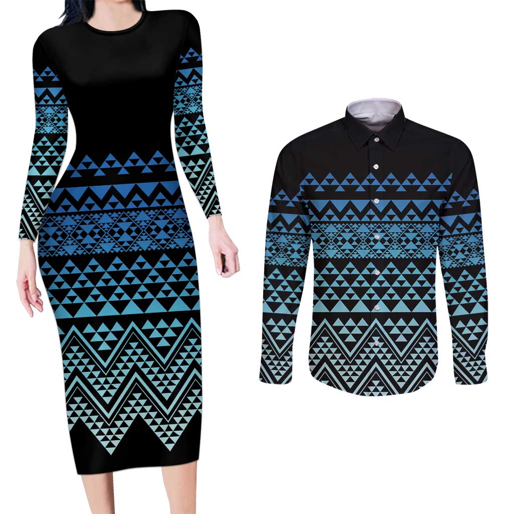 Maori Niho Taniwha Te Wheiao Couples Matching Long Sleeve Bodycon Dress and Long Sleeve Button Shirt Moana Blue - Polynesian Pride