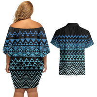 Maori Niho Taniwha Te Wheiao Couples Matching Off Shoulder Short Dress and Hawaiian Shirt Moana Blue - Polynesian Pride