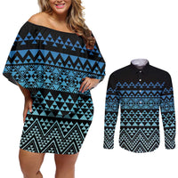 Maori Niho Taniwha Te Wheiao Couples Matching Off Shoulder Short Dress and Long Sleeve Button Shirt Moana Blue - Polynesian Pride