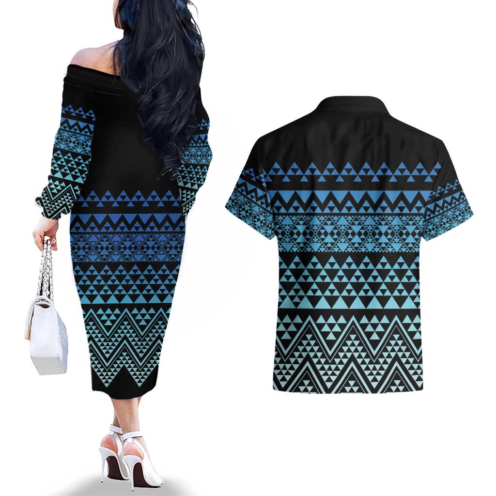 Maori Niho Taniwha Te Wheiao Couples Matching Off The Shoulder Long Sleeve Dress and Hawaiian Shirt Moana Blue - Polynesian Pride
