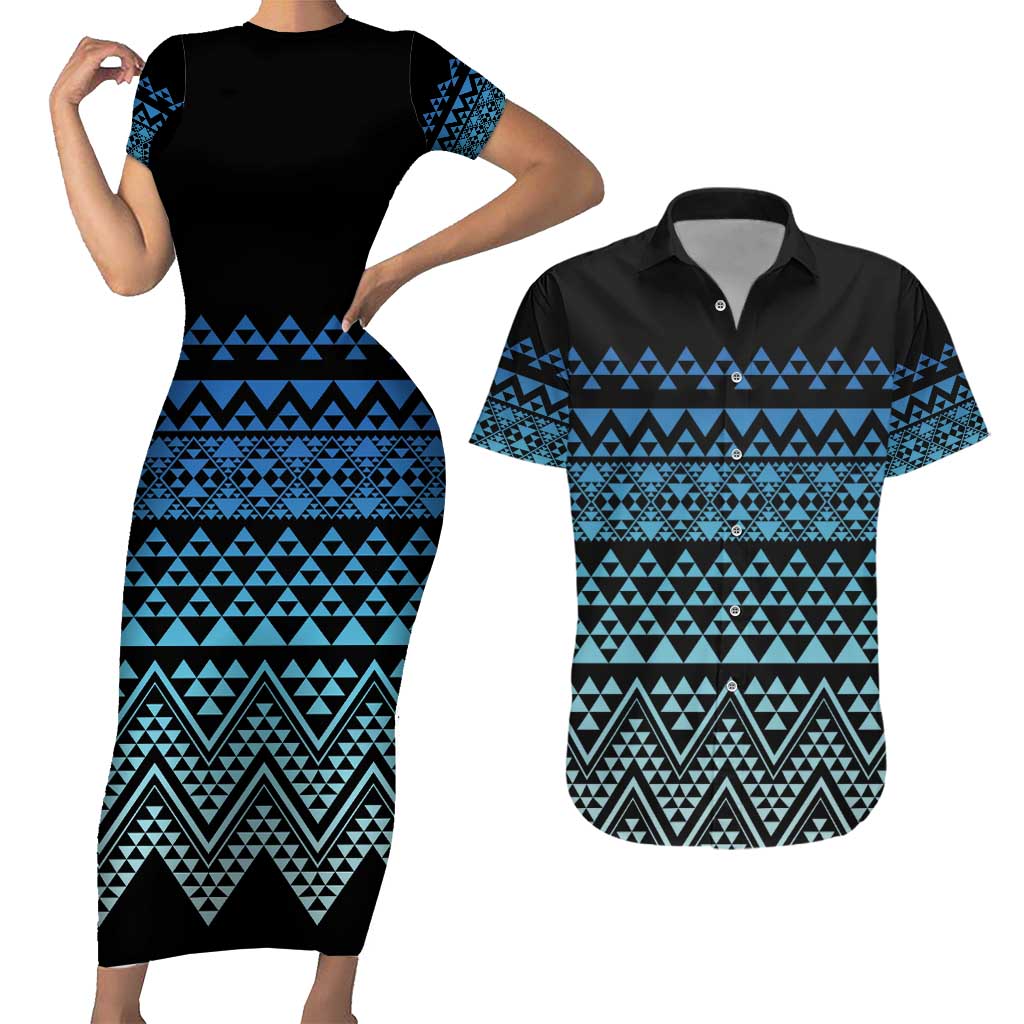 Maori Niho Taniwha Te Wheiao Couples Matching Short Sleeve Bodycon Dress and Hawaiian Shirt Moana Blue - Polynesian Pride