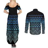 Maori Niho Taniwha Te Wheiao Couples Matching Summer Maxi Dress and Long Sleeve Button Shirt Moana Blue - Polynesian Pride